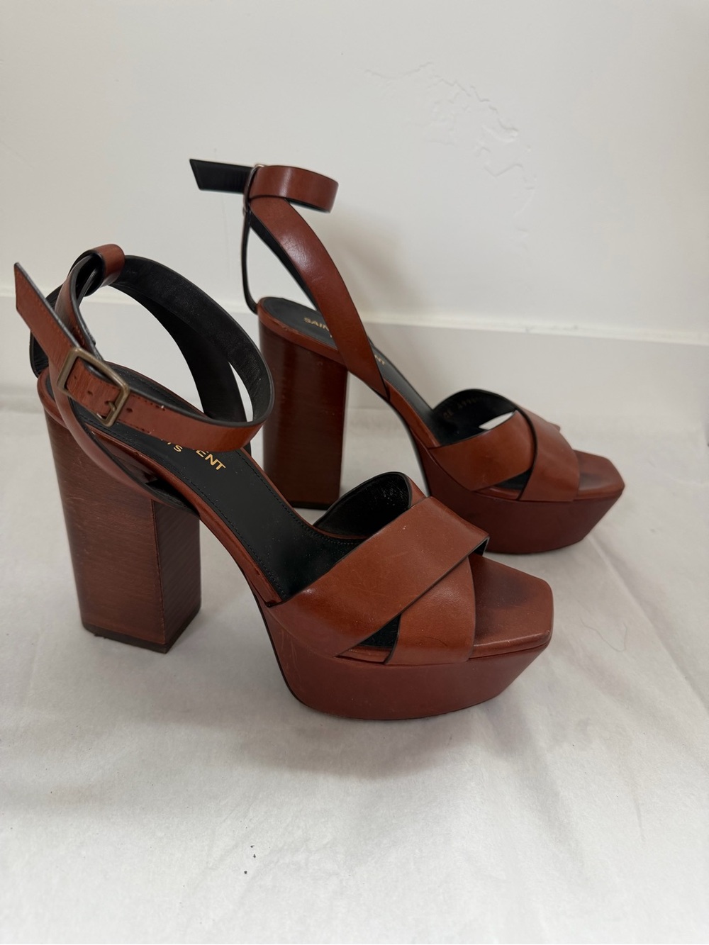 Saint Laurent Farrah Shoes Brown Leather Platform Heels Size 37.5